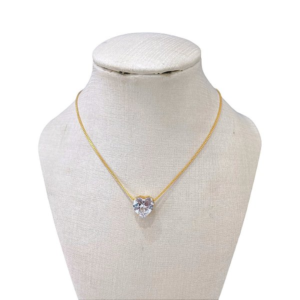 Colar Folheado Ouro 18k e Prata 925 Ponto de Luz Passante Coração