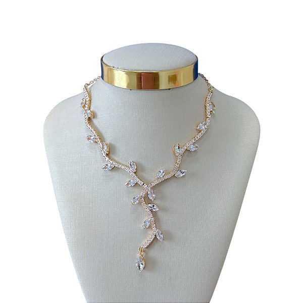 Colar Folheado Ouro 18k e Prata 925 Riviera Folhas Cravejada