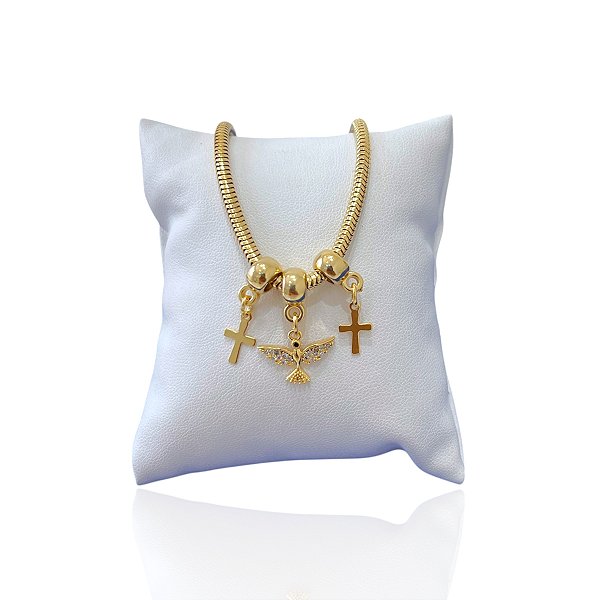 Pulseira Folheada Ouro 18k Malha Espírito Santo Cruz