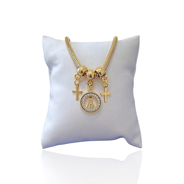 Pulseira Folheada Ouro 18k Malha Nossa Senhora Cruz Cravejada