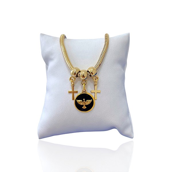 Pulseira Folheada Ouro 18k Malha Espírito Santo Cruz Resinado