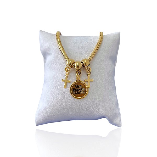 Pulseira Folheada Ouro 18k Malha Ore Espere Confie Cruz