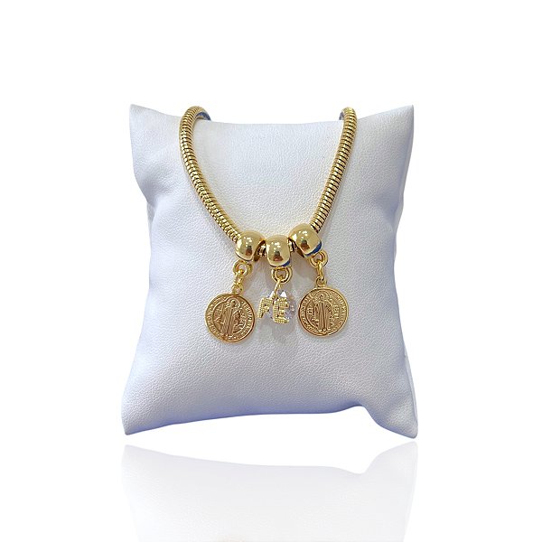 Pulseira Folheada Ouro 18k Malha São Bento Ponto de Luz Fé