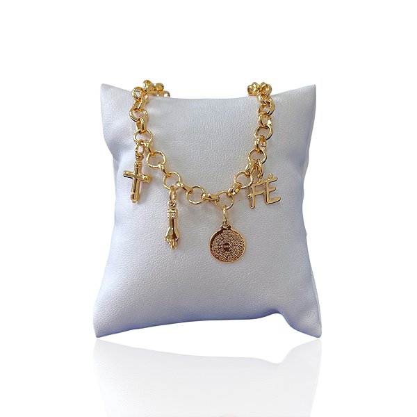 Pulseira Folheada Ouro 18k Elos Português Religiosa