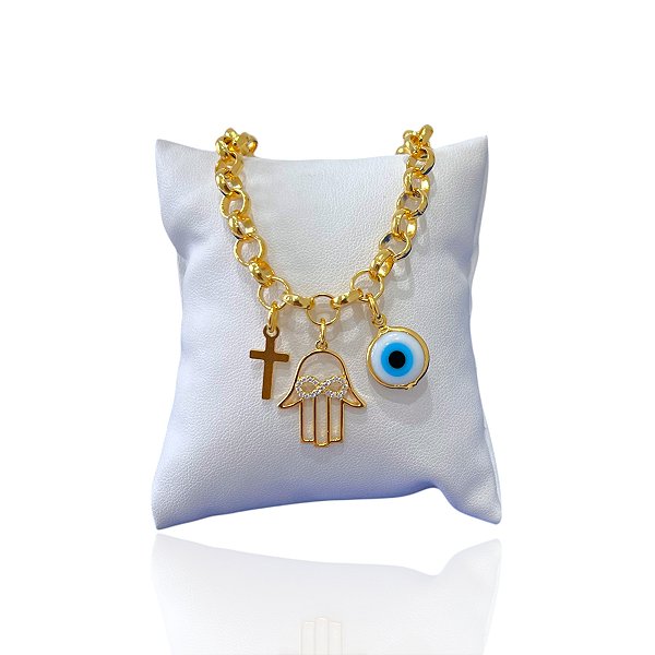 Pulseira Folheada Ouro 18k Elos Português Mão de Hamsá Olho e Cruz
