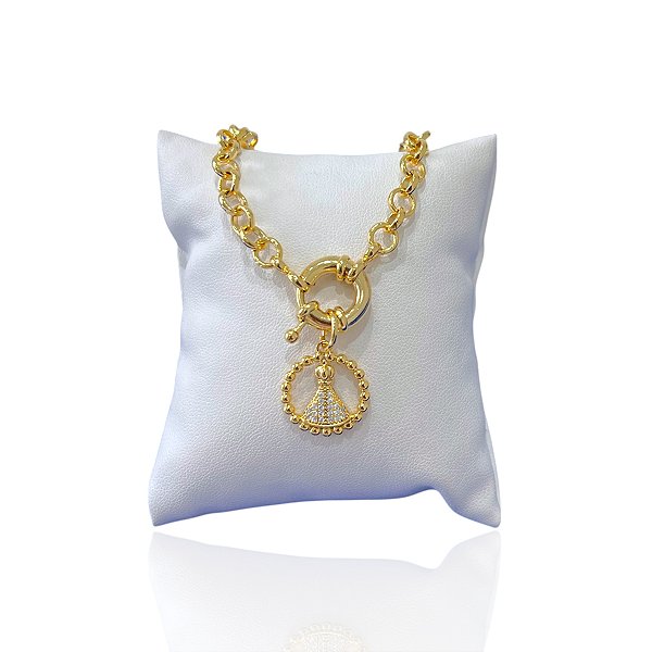 Pulseira Folheada Ouro 18k Elos Português Nossa Senhora Cravejada