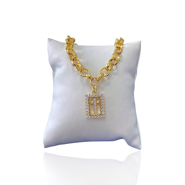 Pulseira Folheada Ouro 18k Elos Português Cruz Cravejada