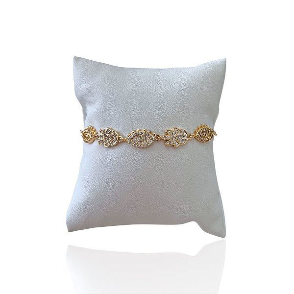 Pulseira Folheada Ouro 18k e Prata 925 Shambala Olho Grego Mão Hamsá Cravejado
