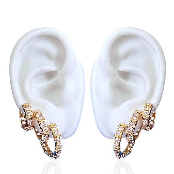 Trio Brincos Folheado Ouro 18k e Prata 925 Argolas X Cravejado