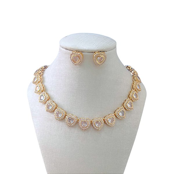 Conjunto Folheado Ouro 18k e Prata 925 Inspired Corações Cravejado