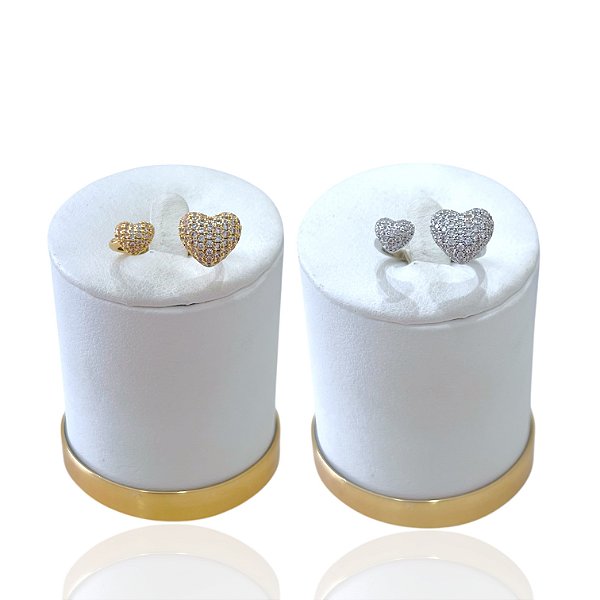 Anel Ajustável Bijuteria Dourado e Prata Corações Cravejada