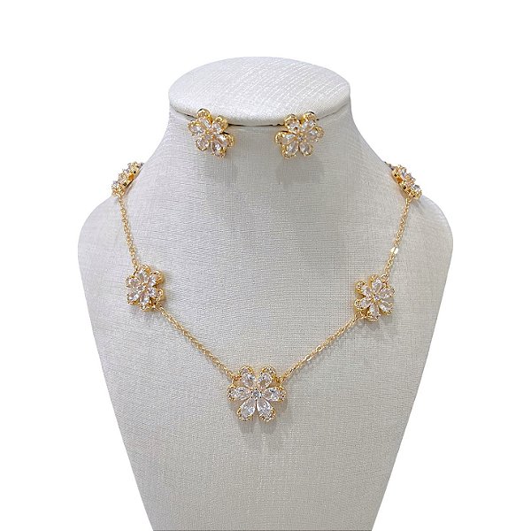 Conjunto Folheado Ouro 18K e Prata 925 Flor Cravejada