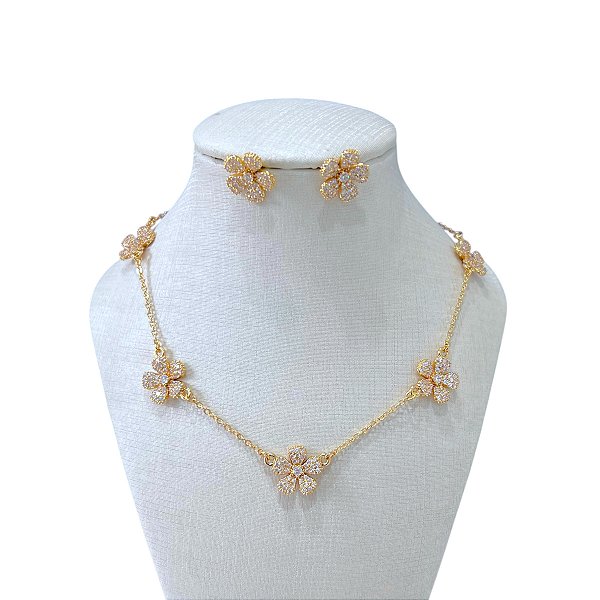 Conjunto Folheado Ouro 18K e Prata 925 Flor Cravejada