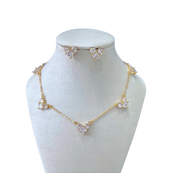 Conjunto Folheado Ouro 18k Corações Cravejado