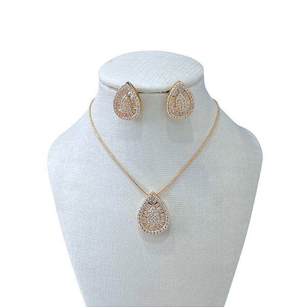 Conjunto Folheado Ouro 18k e Prata 925 Gota Cravejada