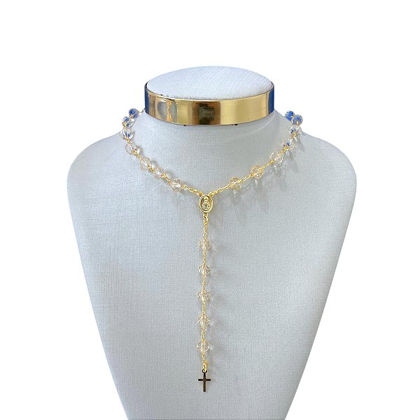 Colar Folheado Ouro 18k Terço Nossa Senhora Cristais