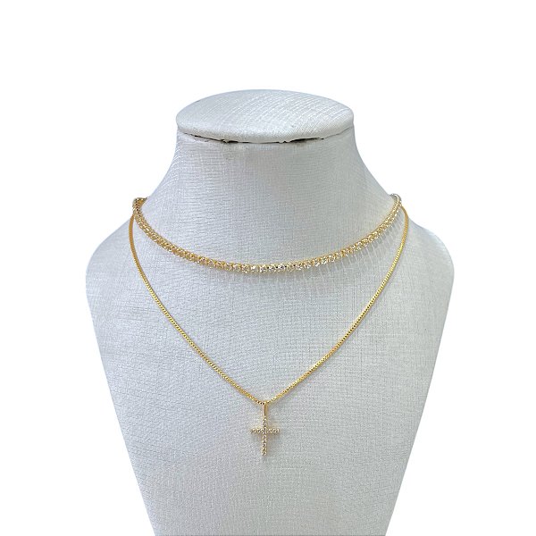 Choker Dupla Folheada Ouro 18k Riviera Cruz Cravejada