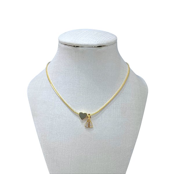 Colar Folheado Ouro 18k Coração Nossa Senhora Cravejada