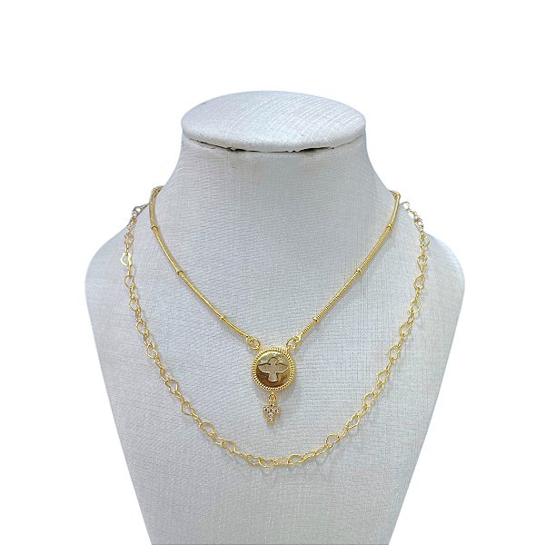Colar Duplo Folheado Ouro 18k Elos Corações Espírito Santo