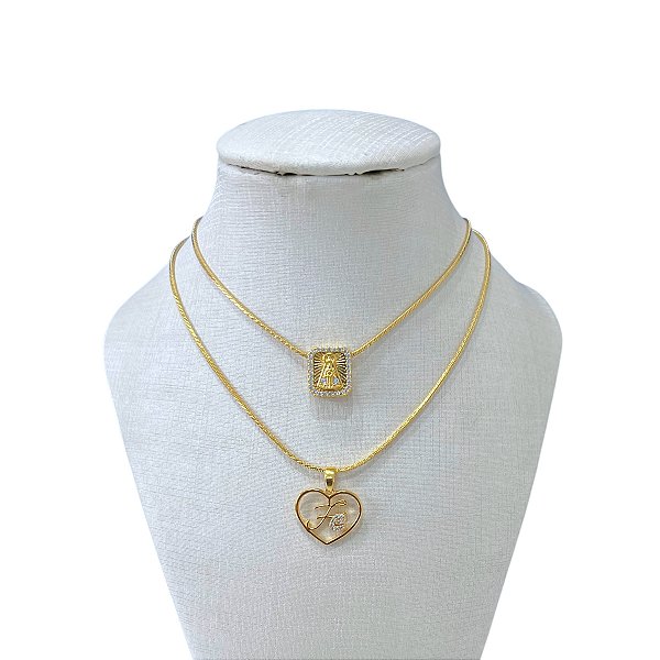 Colar Duplo Folheado Ouro 18k Laminada Fé Nossa Senhora Cravejada