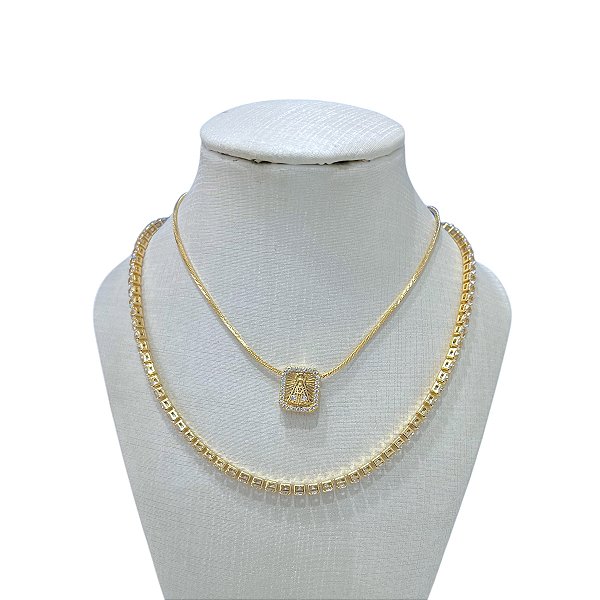 Colar Duplo Folheado Ouro 18k Laminada Riviera Nossa Senhora Cravejada