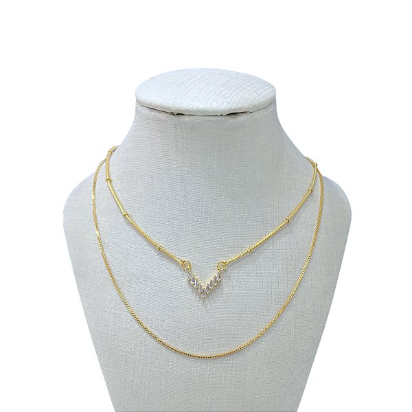 Colar Duplo Folheado Ouro 18k Bolinhas V Cravejado