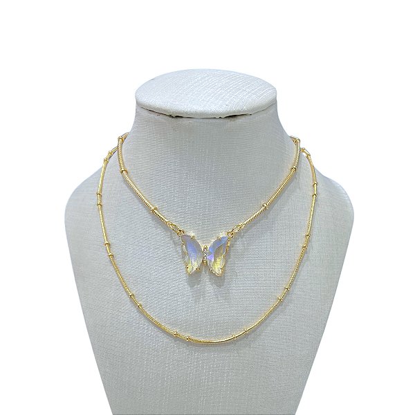 Colar Duplo Folheado Ouro 18k Bolinhas Borboleta Cristal