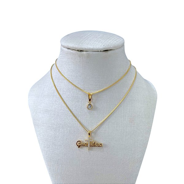 Colar Duplo Folheado Ouro 18k Gratidão Cravejado