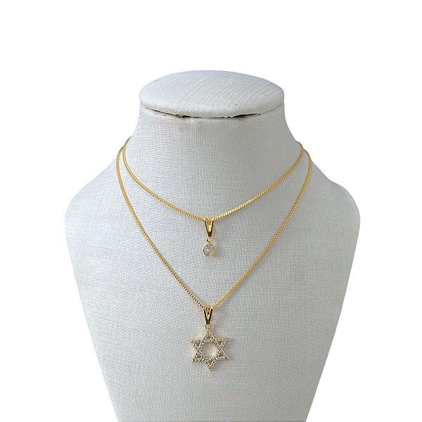 Colar Duplo Folheado Ouro 18k Estrela De Davi Cravejada