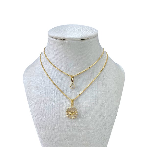 Colar Duplo Folheado Ouro 18k Espírito Santo Cravejado