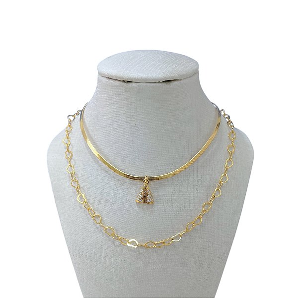 Colar Duplo Folheado Ouro 18k Elos Coração Fita Laminada Nossa Senhora Cravejada