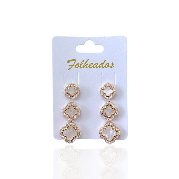 Trio Brincos Folheado Ouro 18k e Prata 925 Trevo Madrepérola Cravejado