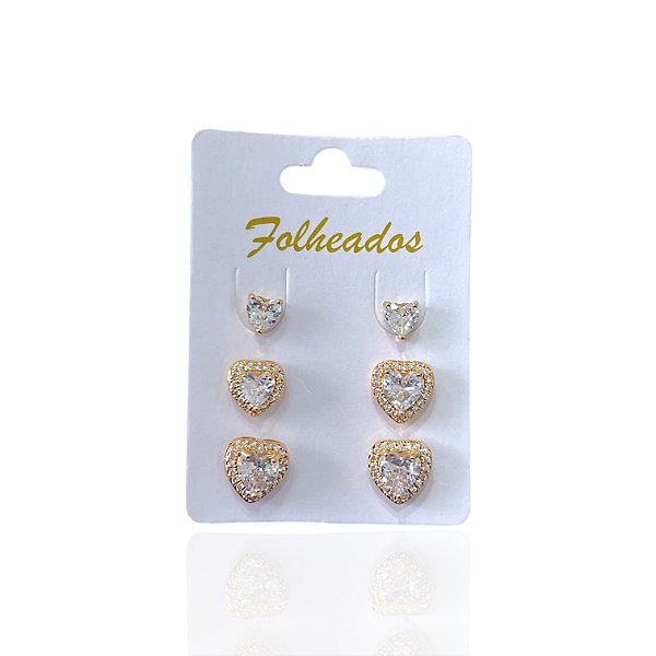 Trio Brincos Folheado Ouro 18k e Prata 925 Coração Cristal Cravejado
