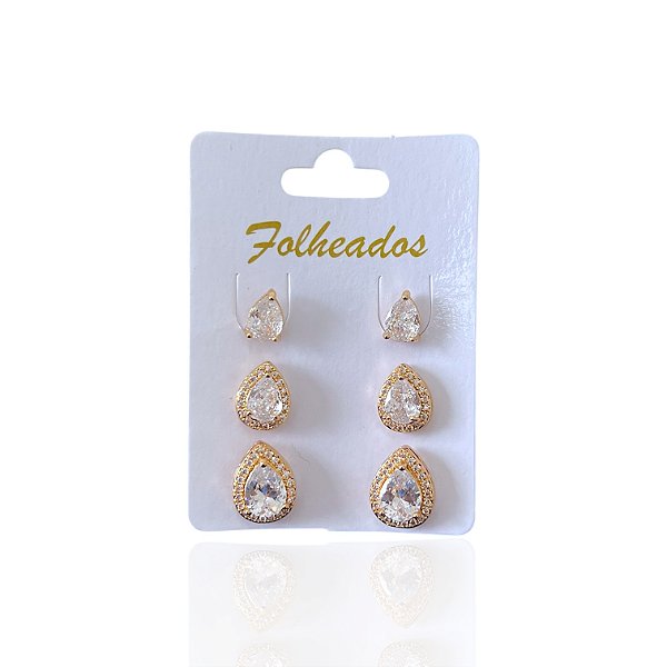 Trio Brincos Folheado Ouro 18k e Prata 925 Gota Cristal Cravejado