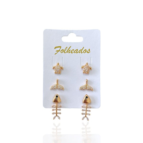 Trio Brincos Folheado Ouro 18k e Prata 925 Sereismo Tartaruga Cravejado
