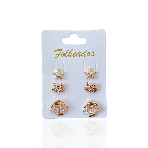 Trio Brincos Folheado Ouro 18k e Prata 925 Sereismo Estrela Cravejado