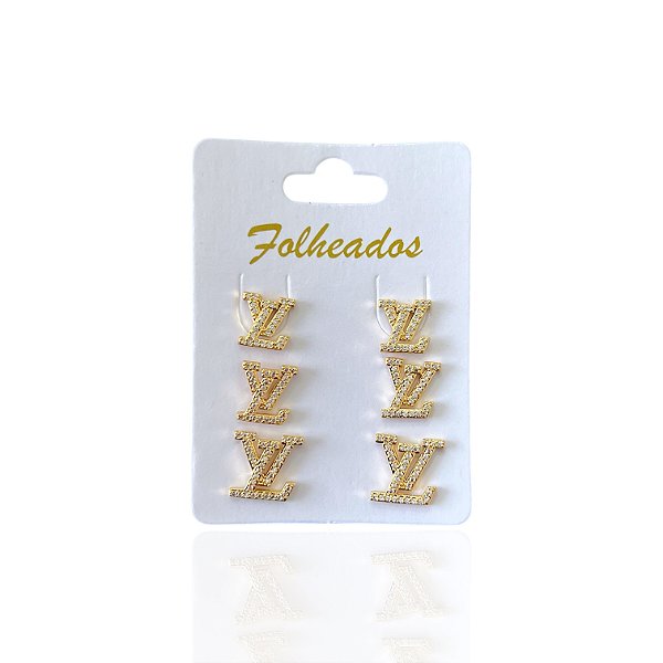 Trio Brincos Folheado Ouro 18k e Prata 925 Inspired LV Cravejado