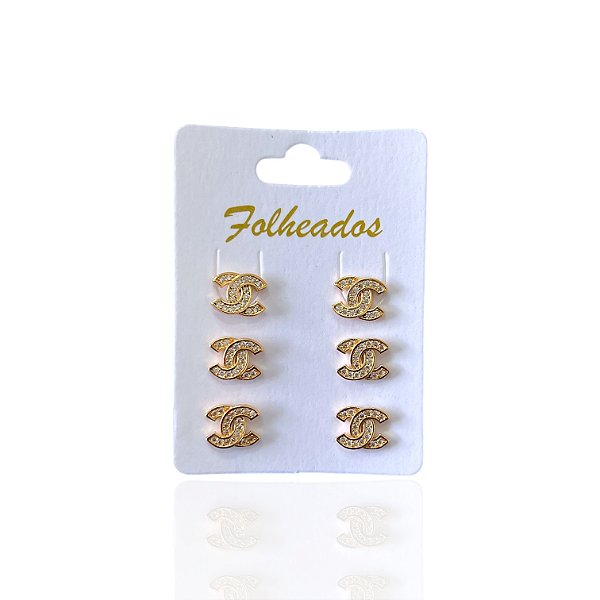 Trio Brincos Folheado Ouro 18k e Prata 925 Inspired X Cravejado