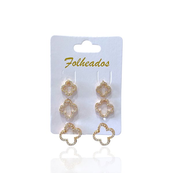 Trio Brincos Folheado Ouro 18k e Prata 925 cm Trevo vazado Inspired Cravejado