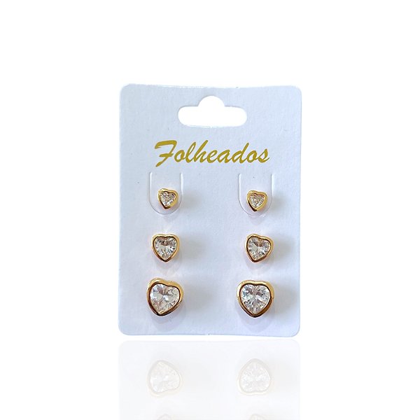 Trio Brincos Folheado Ouro 18k e Prata 925 Coração Cristal