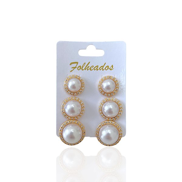 Trio Brincos Folheado Ouro 18k Pérolas Cravejada