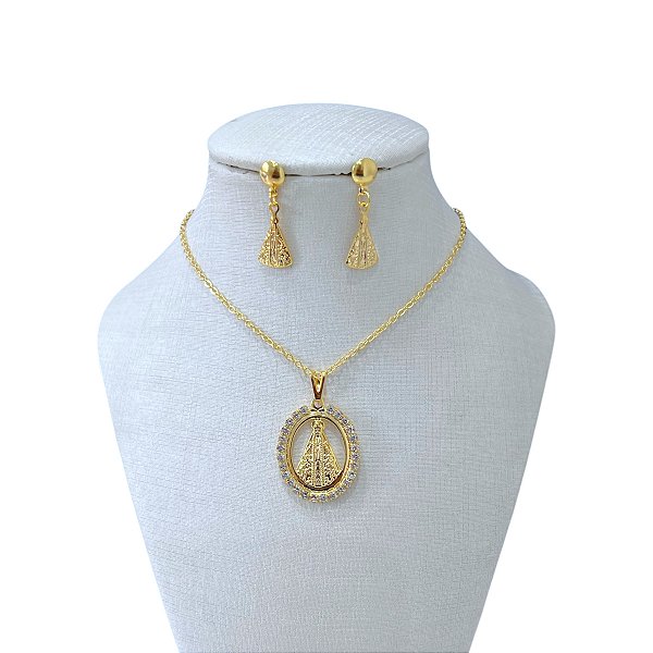 Conjunto Folheado Ouro 18k e Prata 925 Nossa Senhora Strass