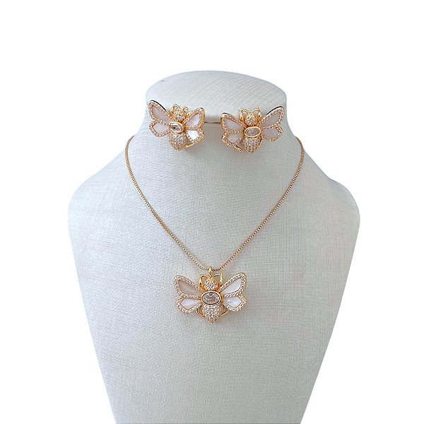 Conjunto Folheado Ouro 18k e Prata 925 Vespa Cravejada