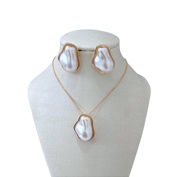 Conjunto Folheado Ouro 18k Orgânico Madrepérola