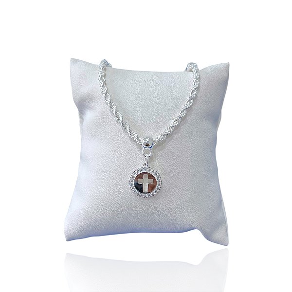 Pulseira Folheada Prata 925 Cordão Baiano Medalha Cruz Cravejada