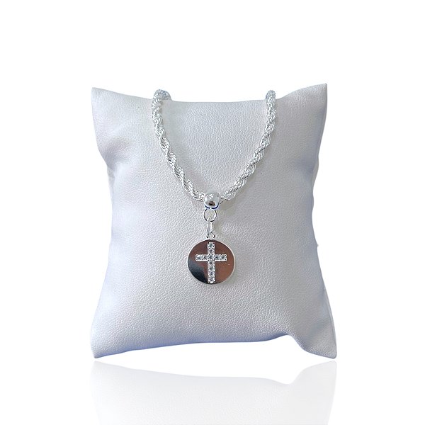 Pulseira Folheada Prata 925 Cordão Baiano Medalha Cruz Cravejada