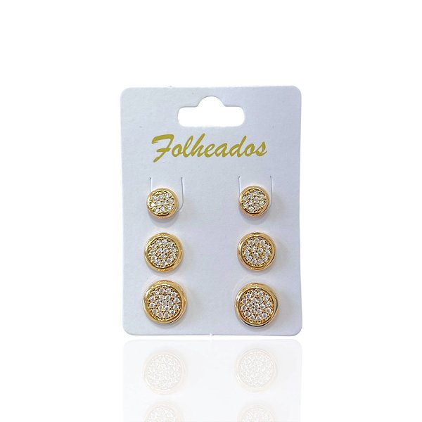 Trio Brincos Folheado Ouro 18k e Prata 925 Redondo Cravejado