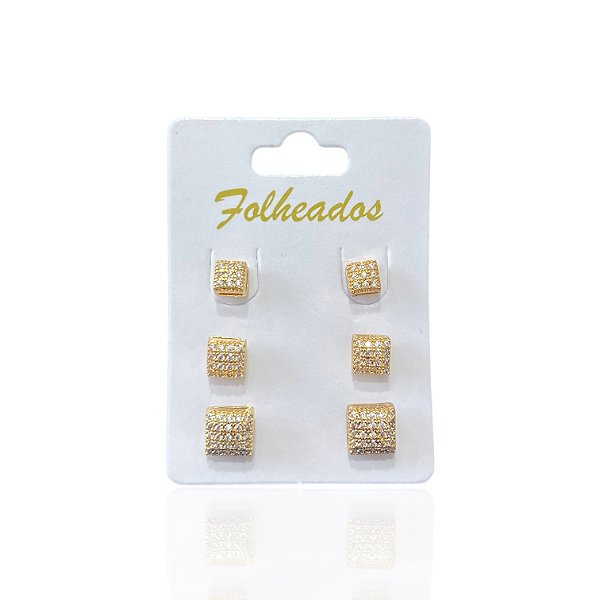 Trio Brincos Folheado Ouro 18k e Prata 925 Quadrado Cravejado