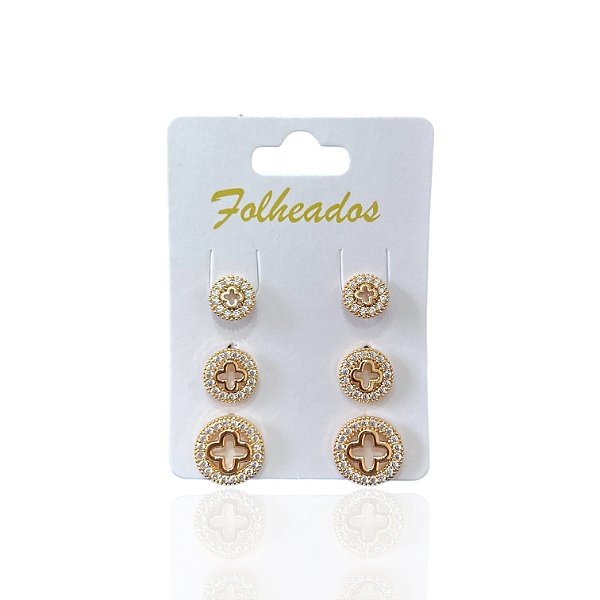 Trio Brincos Folheado Ouro 18k e Prata 925 Inspired Redondo Trevo Cravejado