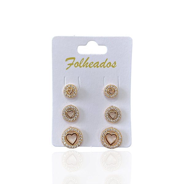 Trio Brincos Folheado Ouro 18k e Prata 925 Redondo Coração Cravejado